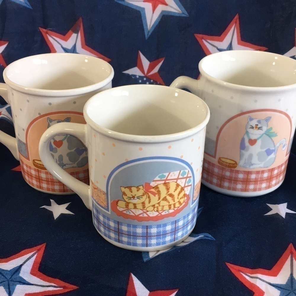 Vtg 80s Sunnycraft Stoneware Cat Mugs Set of 3 Calico Quilt Gingham
